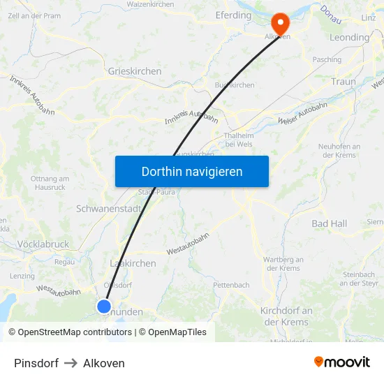 Pinsdorf to Alkoven map