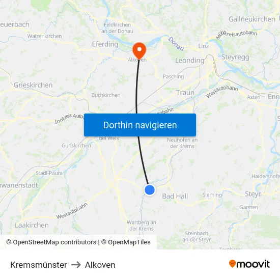 Kremsmünster to Alkoven map
