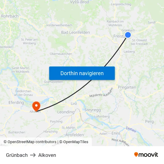 Grünbach to Alkoven map