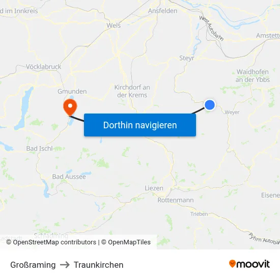 Großraming to Traunkirchen map