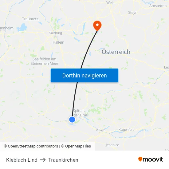 Kleblach-Lind to Traunkirchen map