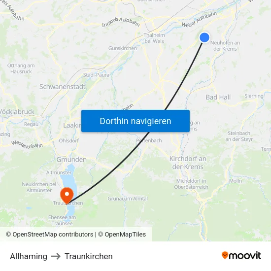 Allhaming to Traunkirchen map
