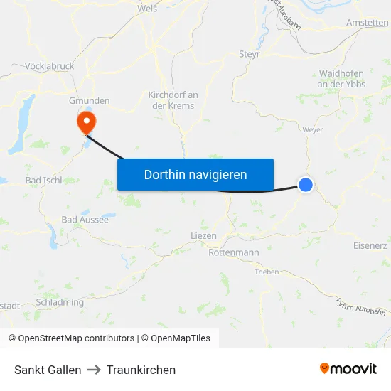 Sankt Gallen to Traunkirchen map
