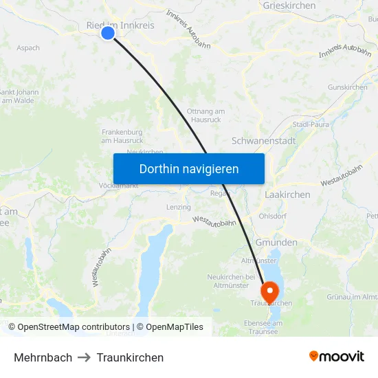 Mehrnbach to Traunkirchen map