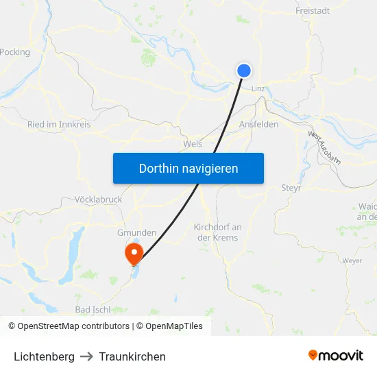 Lichtenberg to Traunkirchen map