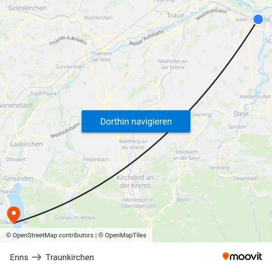 Enns to Traunkirchen map