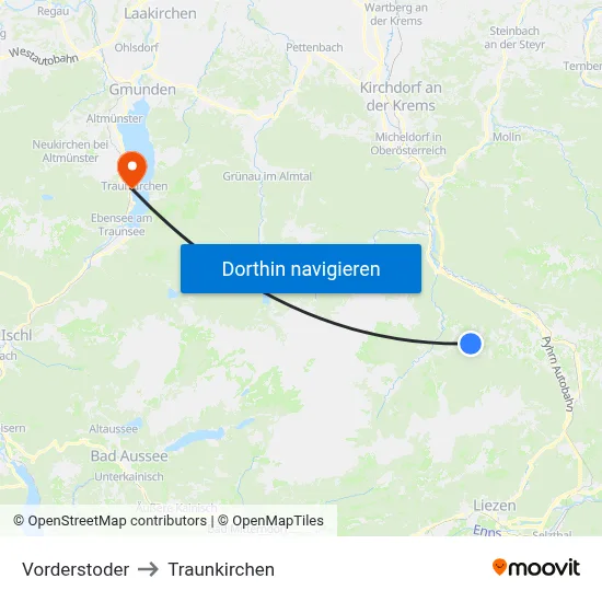 Vorderstoder to Traunkirchen map