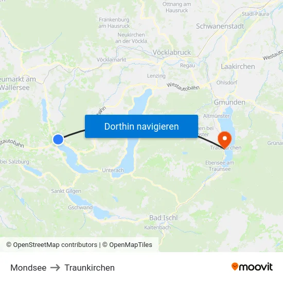 Mondsee to Traunkirchen map