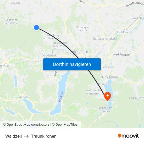 Waldzell to Traunkirchen map