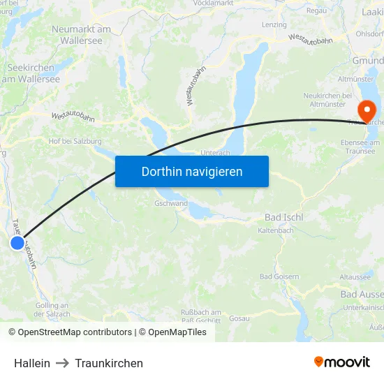 Hallein to Traunkirchen map