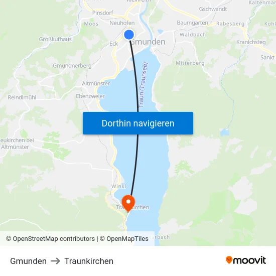 Gmunden to Traunkirchen map
