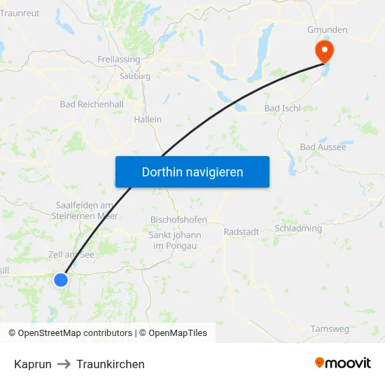 Kaprun to Traunkirchen map