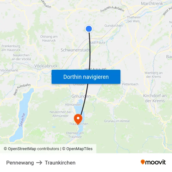 Pennewang to Traunkirchen map