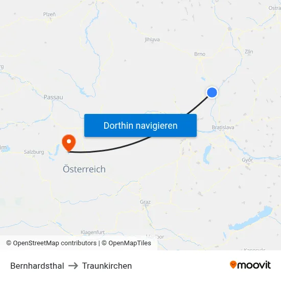 Bernhardsthal to Traunkirchen map