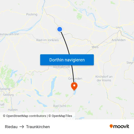Riedau to Traunkirchen map