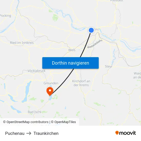 Puchenau to Traunkirchen map