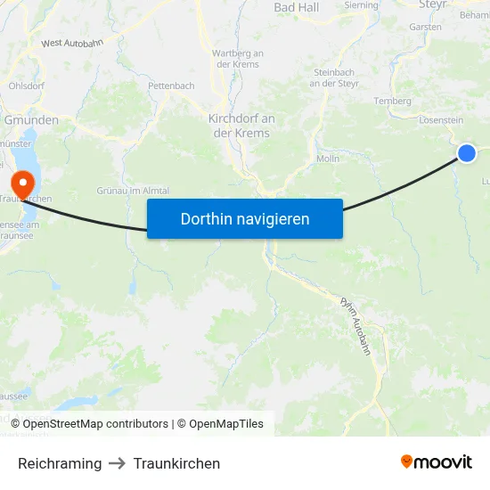 Reichraming to Traunkirchen map