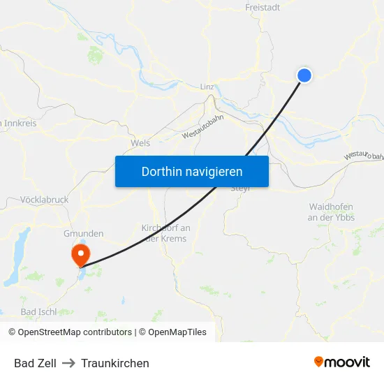 Bad Zell to Traunkirchen map