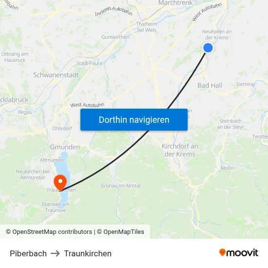 Piberbach to Traunkirchen map
