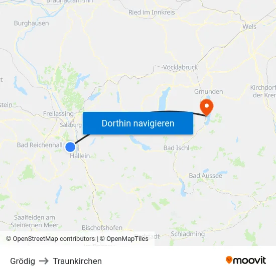 Grödig to Traunkirchen map