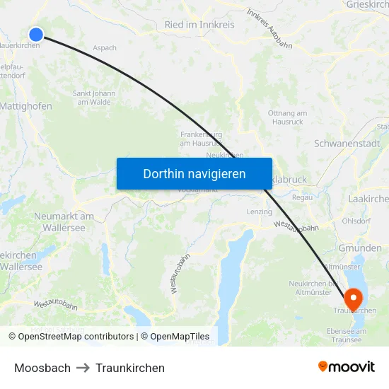 Moosbach to Traunkirchen map