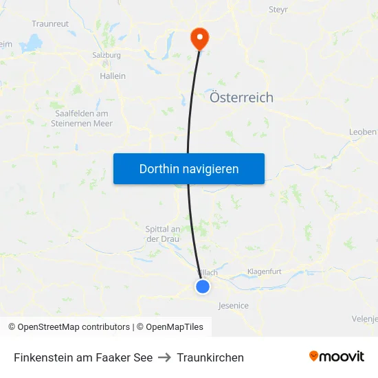 Finkenstein am Faaker See to Traunkirchen map
