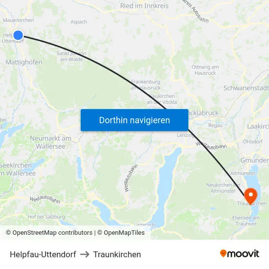 Helpfau-Uttendorf to Traunkirchen map
