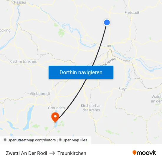 Zwettl An Der Rodl to Traunkirchen map