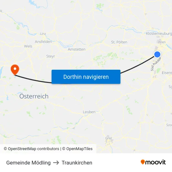 Gemeinde Mödling to Traunkirchen map