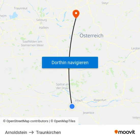 Arnoldstein to Traunkirchen map