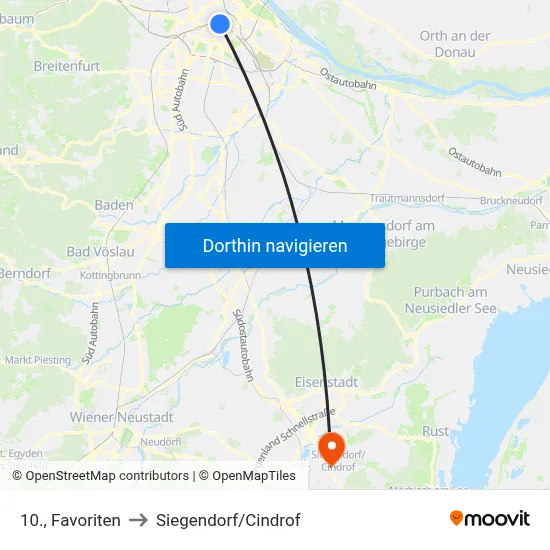 10., Favoriten to Siegendorf/Cindrof map