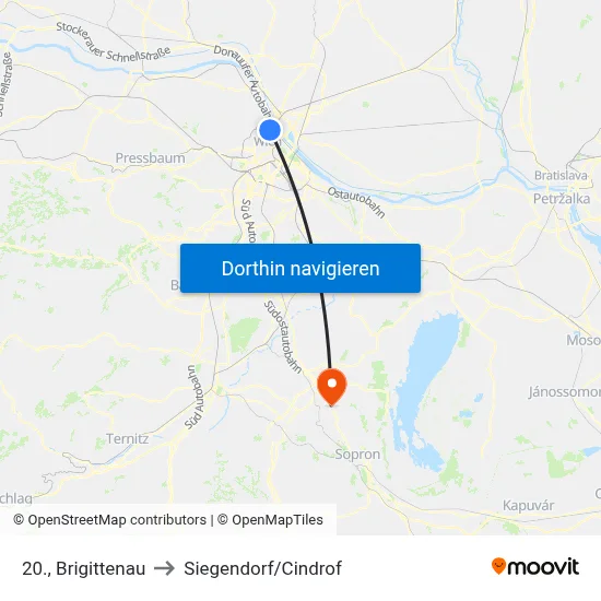 20., Brigittenau to Siegendorf/Cindrof map