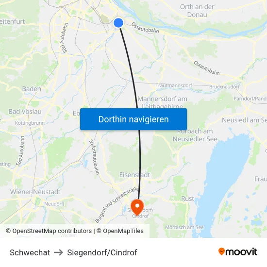 Schwechat to Siegendorf/Cindrof map