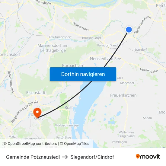 Gemeinde Potzneusiedl to Siegendorf/Cindrof map