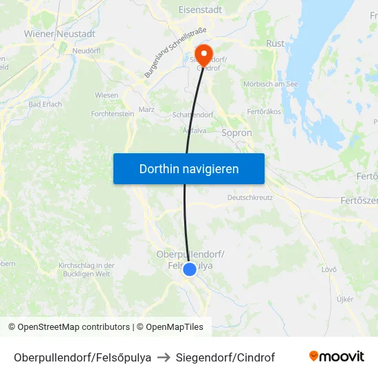 Oberpullendorf/Felsőpulya to Siegendorf/Cindrof map