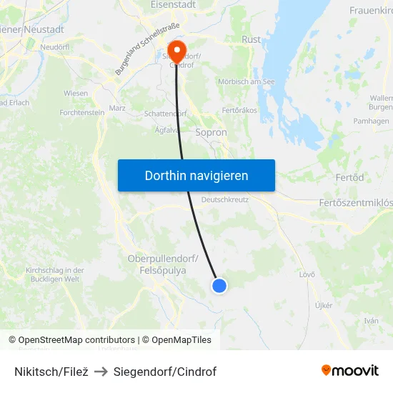 Nikitsch/Filež to Siegendorf/Cindrof map
