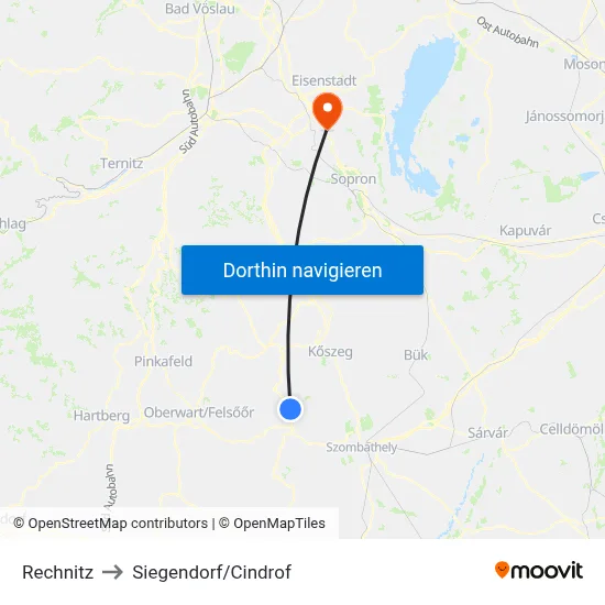 Rechnitz to Siegendorf/Cindrof map