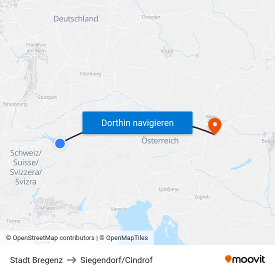 Stadt Bregenz to Siegendorf/Cindrof map