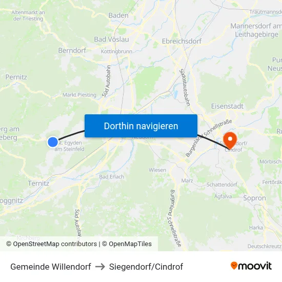 Gemeinde Willendorf to Siegendorf/Cindrof map