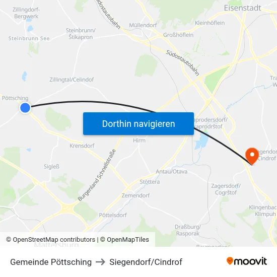 Gemeinde Pöttsching to Siegendorf/Cindrof map