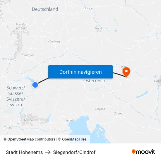 Stadt Hohenems to Siegendorf/Cindrof map