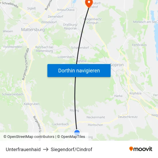 Unterfrauenhaid to Siegendorf/Cindrof map
