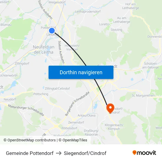 Gemeinde Pottendorf to Siegendorf/Cindrof map