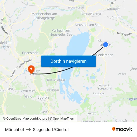 Mönchhof to Siegendorf/Cindrof map