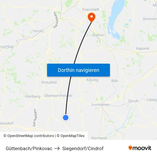 Güttenbach/Pinkovac to Siegendorf/Cindrof map