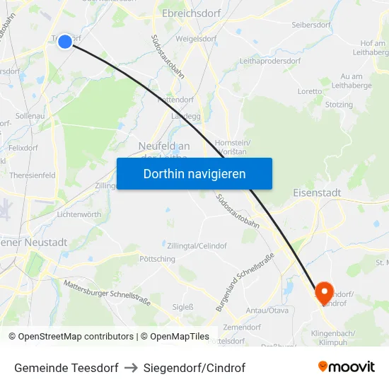 Gemeinde Teesdorf to Siegendorf/Cindrof map