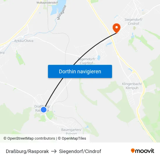 Draßburg/Rasporak to Siegendorf/Cindrof map