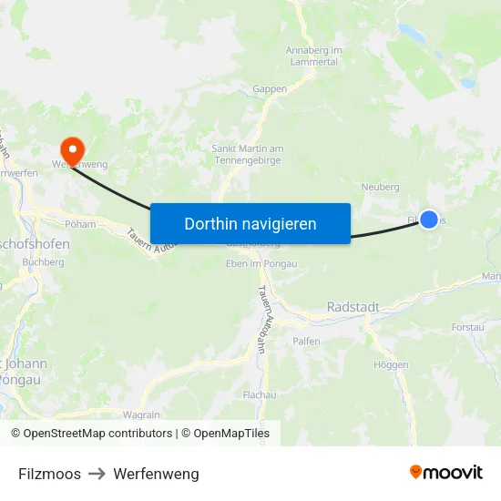 Filzmoos to Werfenweng map