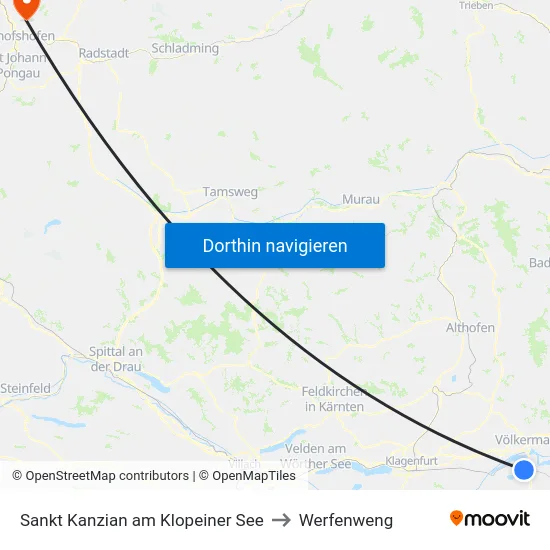Sankt Kanzian am Klopeiner See to Werfenweng map