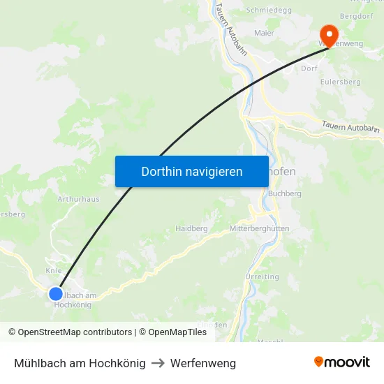 Mühlbach am Hochkönig to Werfenweng map